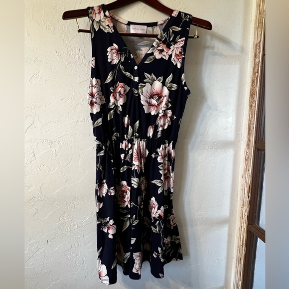 French Grey Floral Midi Dress - Navy and Pink M - Picture 1 of 4